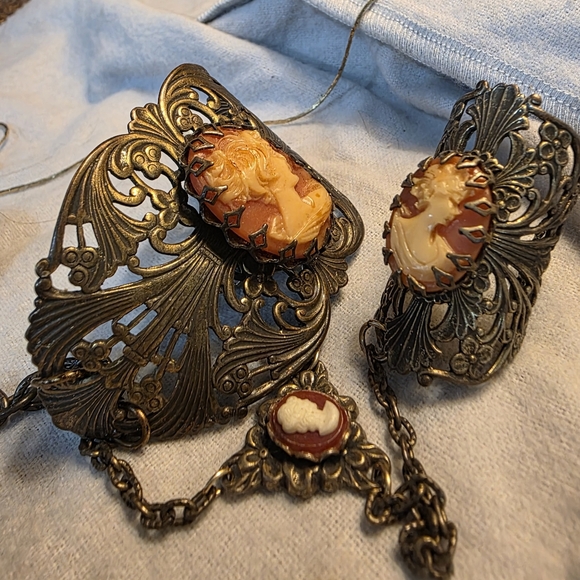 COPY - Antique VRare Rare x3 cameos Slave Bracelet Marked Numerous Places 925 - Picture 2 of 15